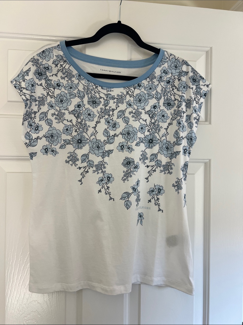 Tommy Hilfiger White Tee with Blue Floral Print and Blue Trim